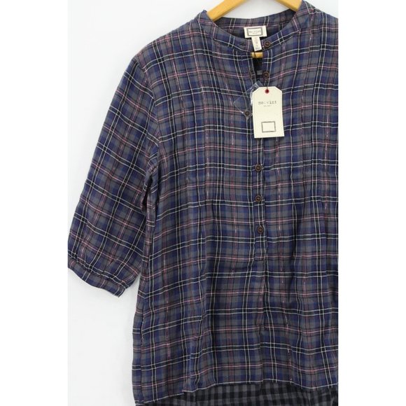 Mo:vint By Anthropologie Shirt Women Purple Plaid Button Down 3/4 Sleeve Small S - Picture 3 of 10